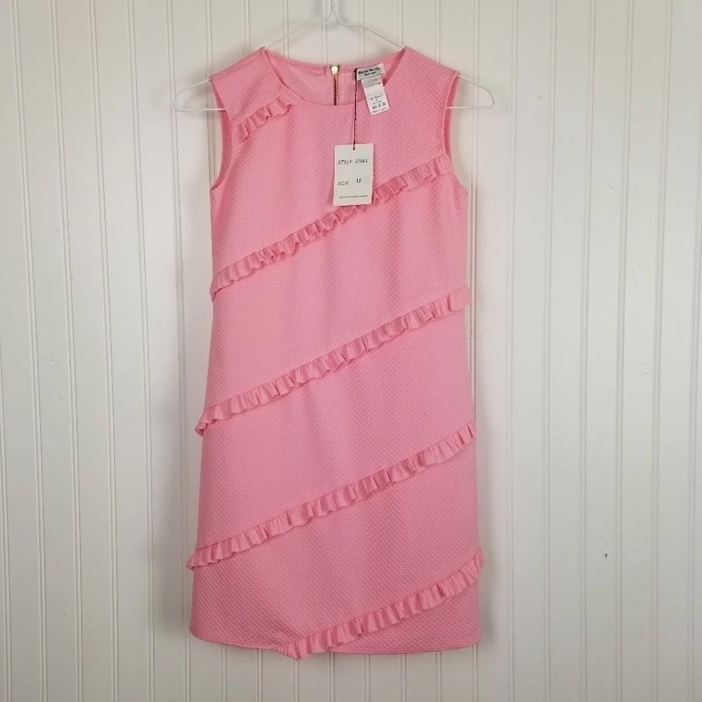David Charles London Black Label Pink Diagonal Ruffle Shift Dress NWT Sz 12 Yrs - Picture 10 of 11